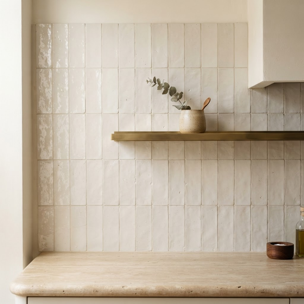 Handmade off-white ceramic tile backsplash above a stone countertop