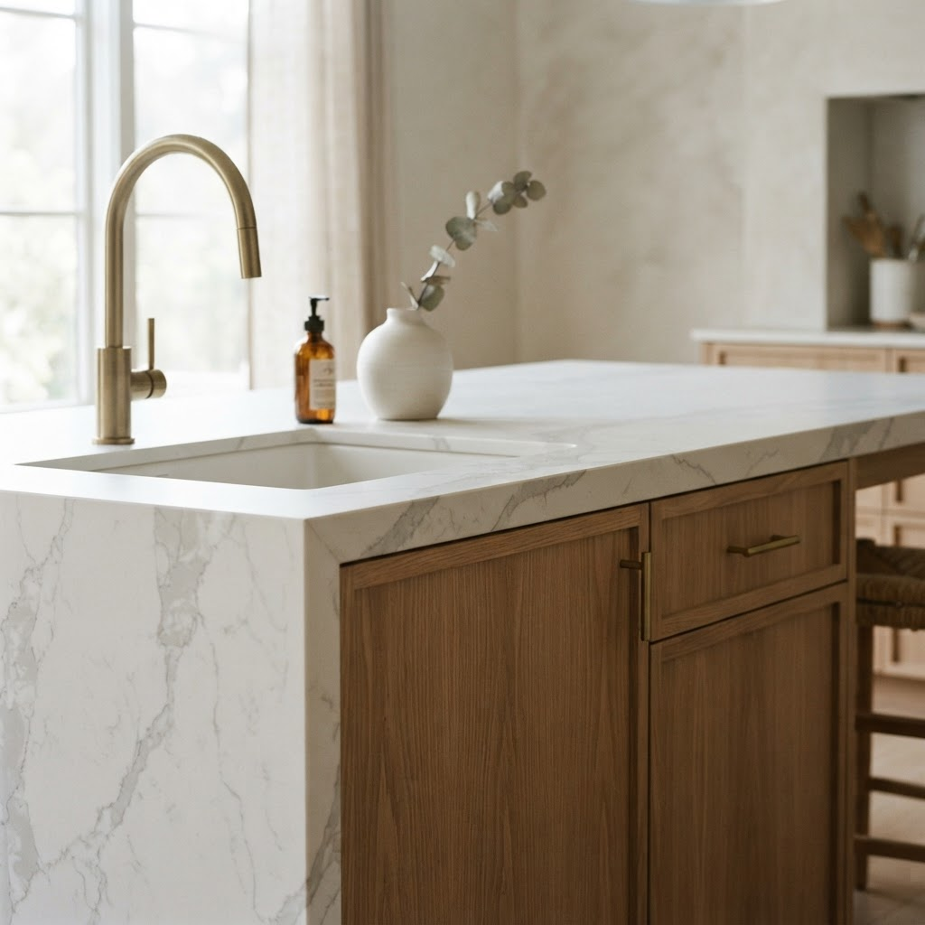 Honed quartz kitchen countertop with a waterfall edge and oak cabinetry