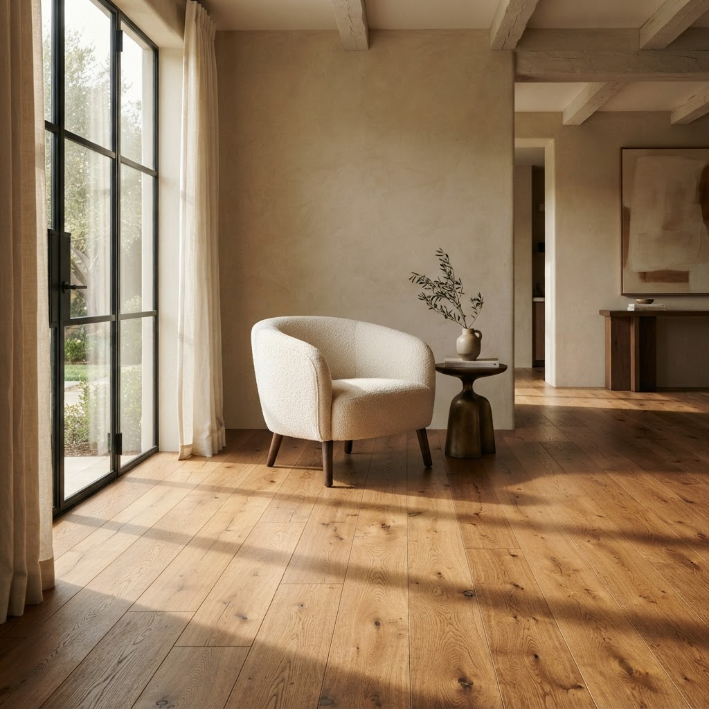 Warm oak wide-plank hardwood flooring in a sunlit room