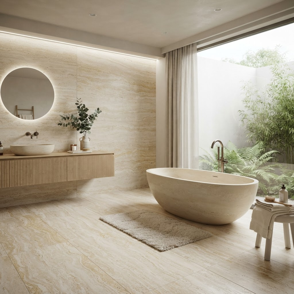 Large-format stone-look tile flooring in a luxury bathroom