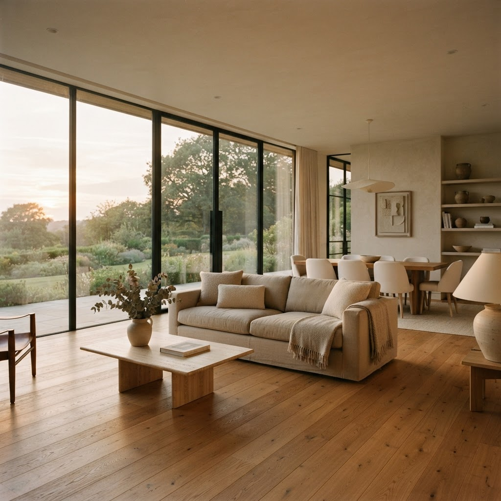 A tranquil luxury living space at golden hour with warm oak flooring