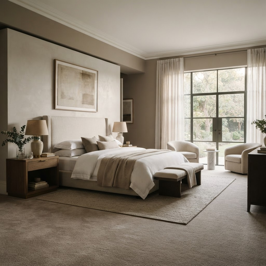 Primary bedroom with plush carpet and a linen-dressed bed